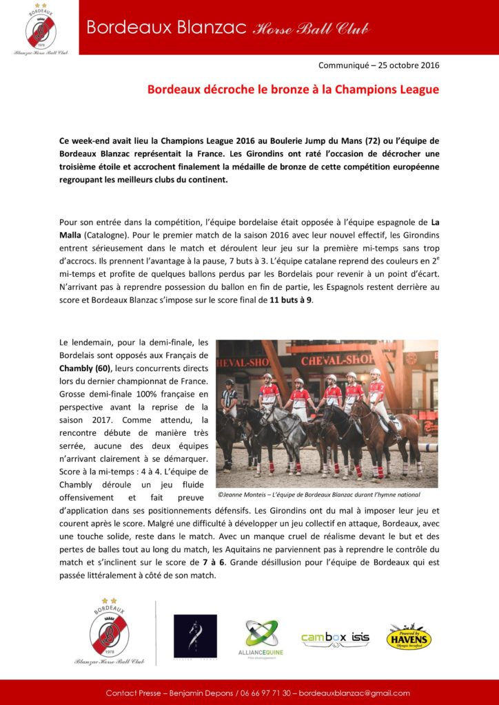 Communiqué Bordeaux Blanzac Horse Ball Club