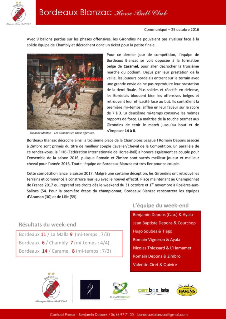 Communiqué Bordeaux Blanzac Horse Ball Club